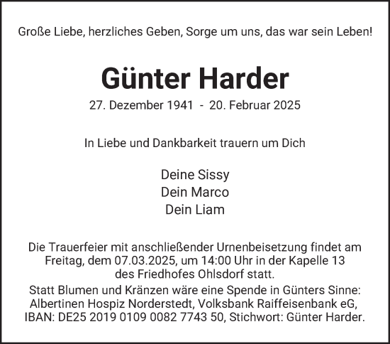 Traueranzeige von Günter Harder von Hamburger Abendblatt