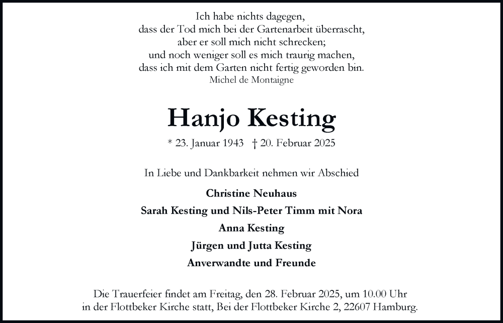  Traueranzeige für Hanjo Kesting vom 26.02.2025 aus Hamburger Abendblatt
