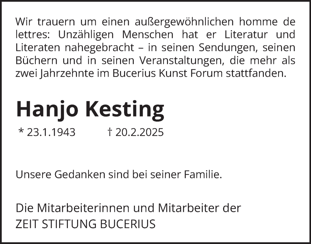  Traueranzeige für Hanjo Kesting vom 26.02.2025 aus Hamburger Abendblatt