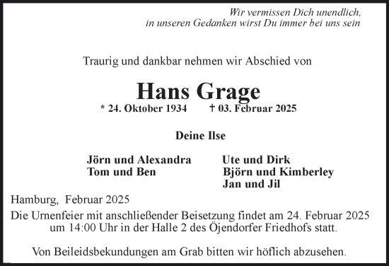 Traueranzeige von Hans Grage von Hamburger Abendblatt