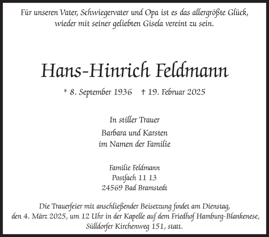 Traueranzeige von Hans-Hinrich Feldmann von Hamburger Abendblatt