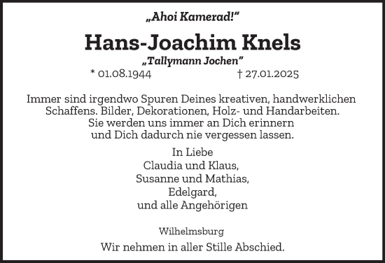 Traueranzeige von Hans-Joachim Knels 