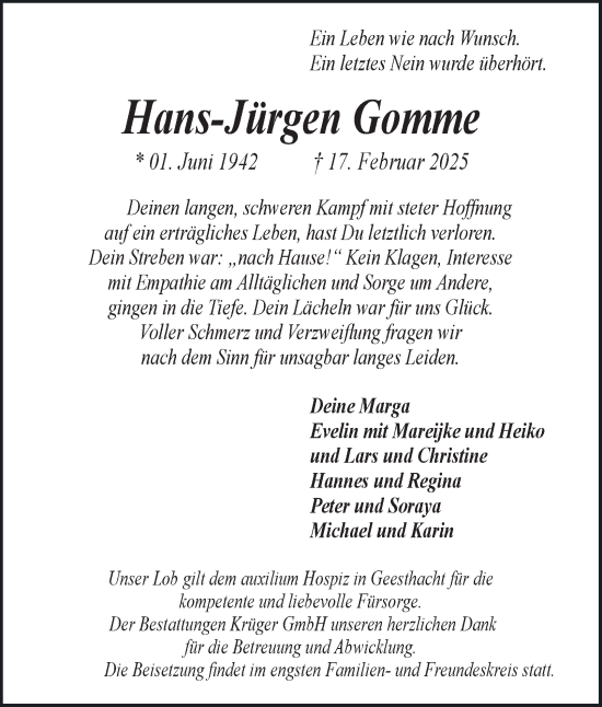 Traueranzeige von Hans-Jürgen Gomme von Bergedorfer Zeitung