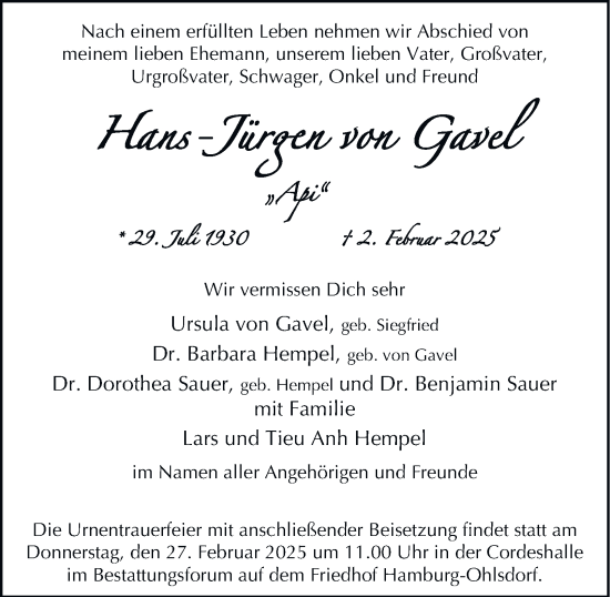 Traueranzeige von Hans-Jürgn  von Gavel von Hamburger Abendblatt