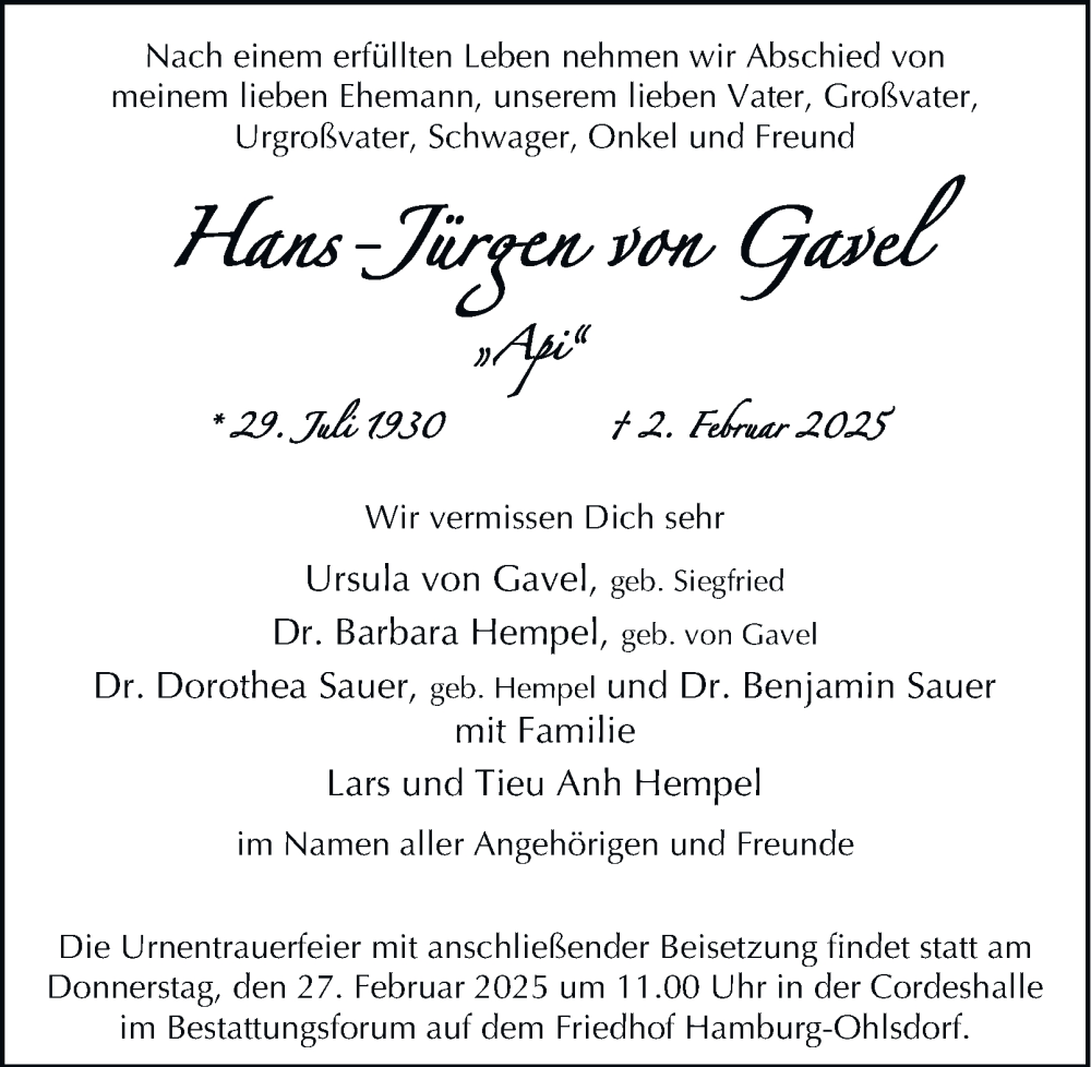  Traueranzeige für Hans-Jürgn  von Gavel vom 15.02.2025 aus Hamburger Abendblatt