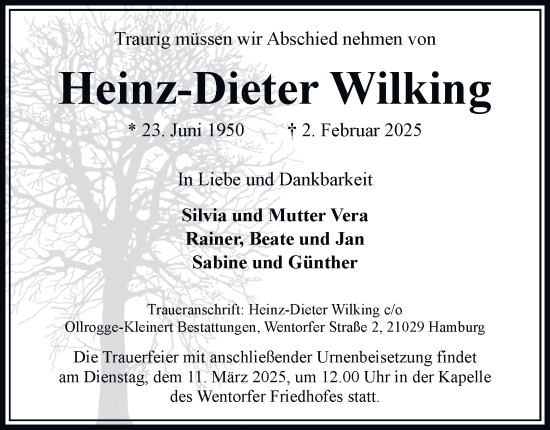 Traueranzeige von Heinz-Dieter Wilking von Bergedorfer Zeitung