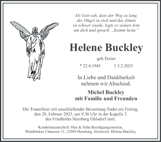 Traueranzeige von Helene Buckley von Hamburger Abendblatt