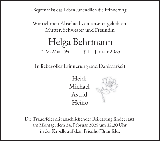 Traueranzeige von Helga Behrmann von Hamburger Abendblatt
