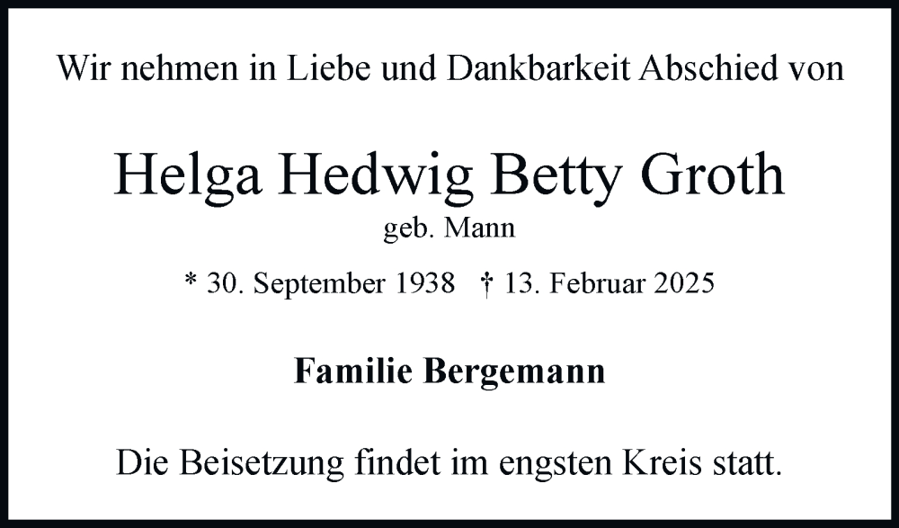  Traueranzeige für Helga Hedwig Betty Groth vom 22.02.2025 aus Hamburger Abendblatt