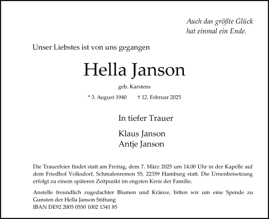 Traueranzeige von Hella Janson von Hamburger Abendblatt