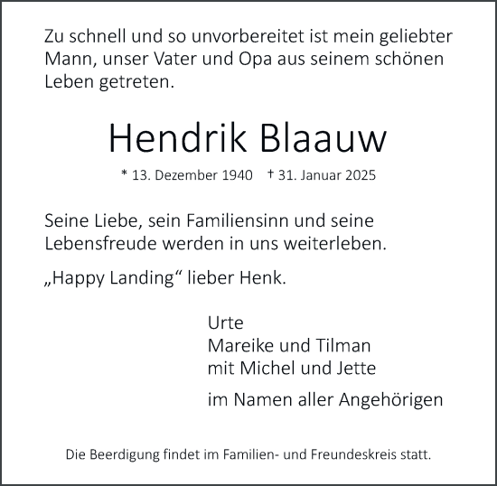 Traueranzeige von Hendrik Blaauw von Hamburger Abendblatt