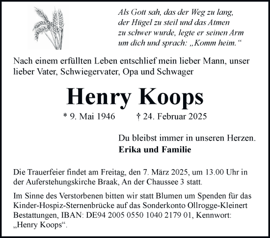 Traueranzeige von Henry Koops von Hamburger Abendblatt