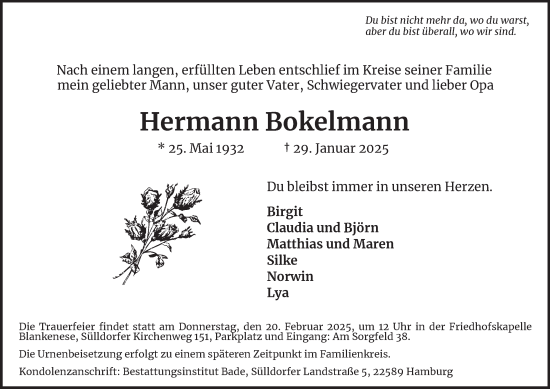 Traueranzeige von Hermann Bokelmann von Hamburger Abendblatt