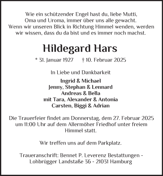 Traueranzeige von Hildegard Hars von Bergedorfer Zeitung