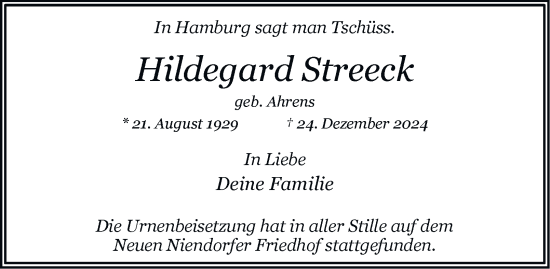 Traueranzeige von Hildegard Streeck 