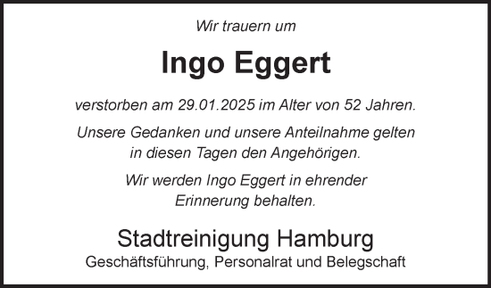 Traueranzeige von Ingo Eggert von Hamburger Abendblatt