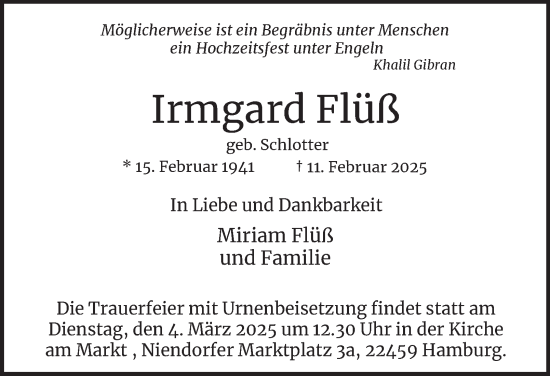 Traueranzeige von Irmgard Flüß von Hamburger Abendblatt