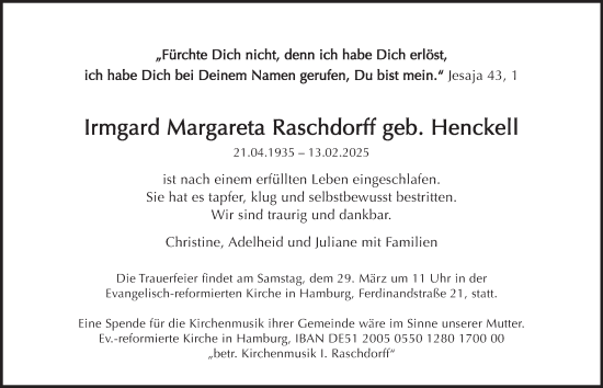 Traueranzeige von Irmgard Margareta Raschdorff von Hamburger Abendblatt