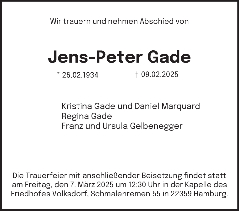  Traueranzeige für Jens-Peter Gade vom 22.02.2025 aus Hamburger Abendblatt