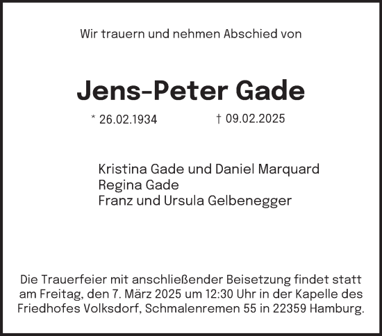 Traueranzeige von Jens-Peter Gade von Hamburger Abendblatt