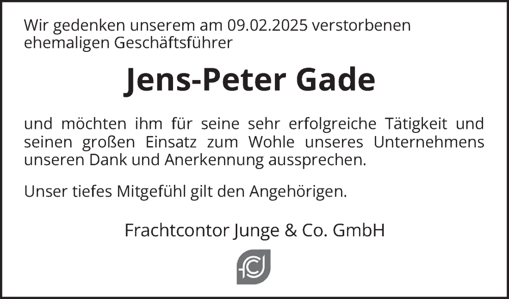  Traueranzeige für Jens-Peter Gade vom 01.03.2025 aus Hamburger Abendblatt
