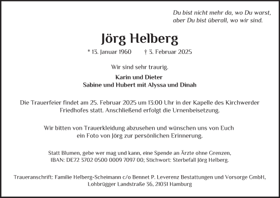 Traueranzeige von Jörg Helberg von Hamburger Abendblatt, Bergedorfer Zeitung