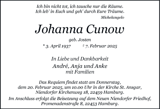 Traueranzeige von Johanna Cunow 