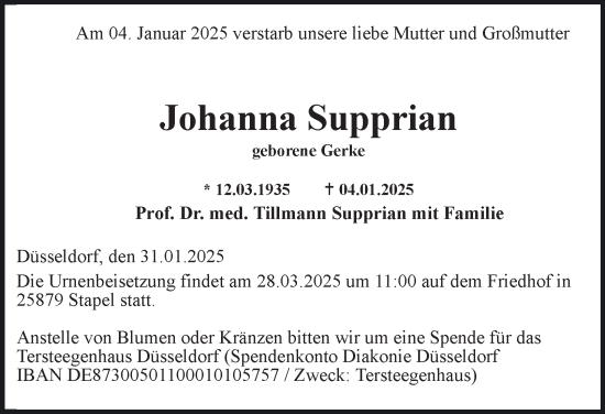 Traueranzeige von Johanna Supprian von Hamburger Abendblatt