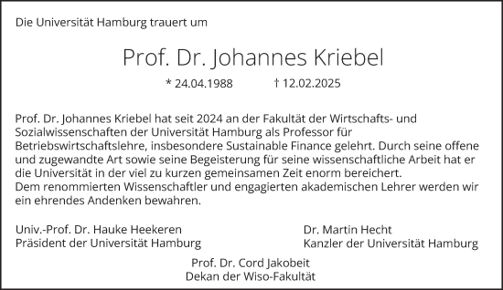 Traueranzeige von Johannes Kriebel von Hamburger Abendblatt