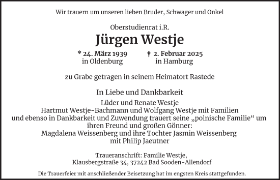 Traueranzeige von Jürgen Westje von Hamburger Abendblatt