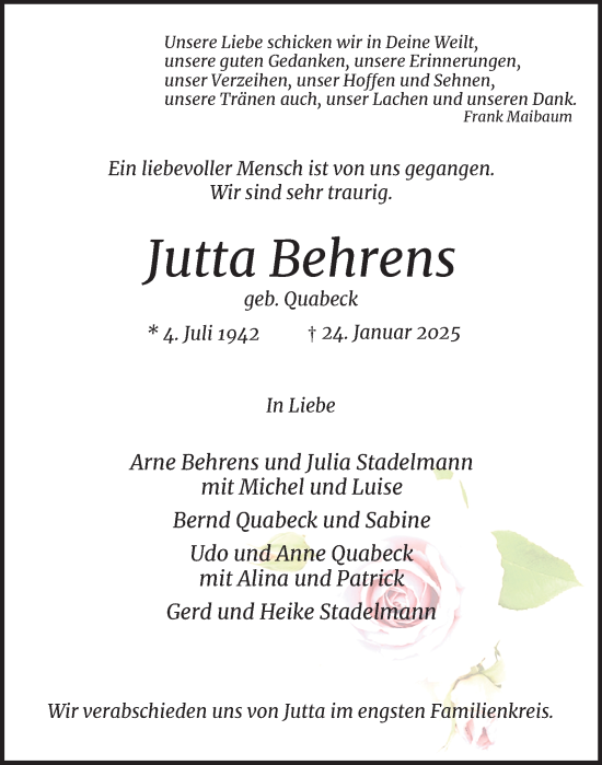 Traueranzeige von Jutta Behrens von Hamburger Abendblatt