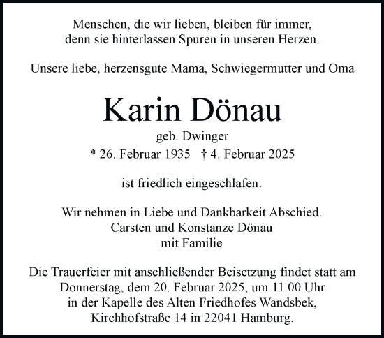 Traueranzeige von Karin Dönau von Hamburger Abendblatt