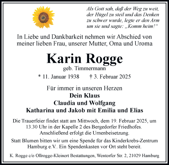 Traueranzeige von Karin Rogge von Bergedorfer Zeitung