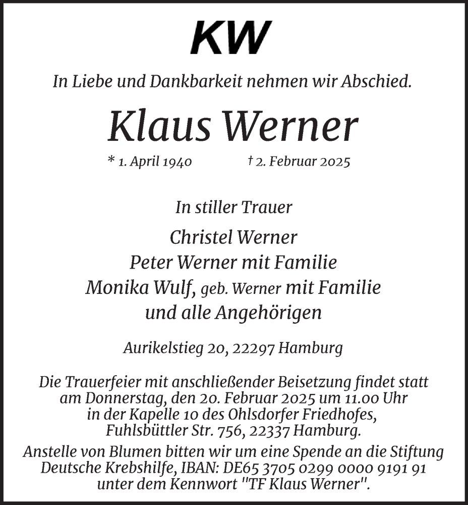  Traueranzeige für Klaus Werner vom 15.02.2025 aus Hamburger Abendblatt