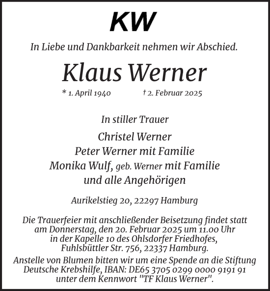 Traueranzeige von Klaus Werner von Hamburger Abendblatt