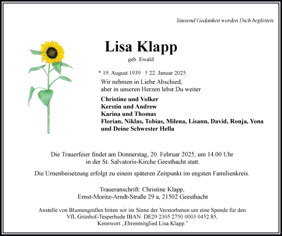 Traueranzeige von Lisa Klapp von Bergedorfer Zeitung