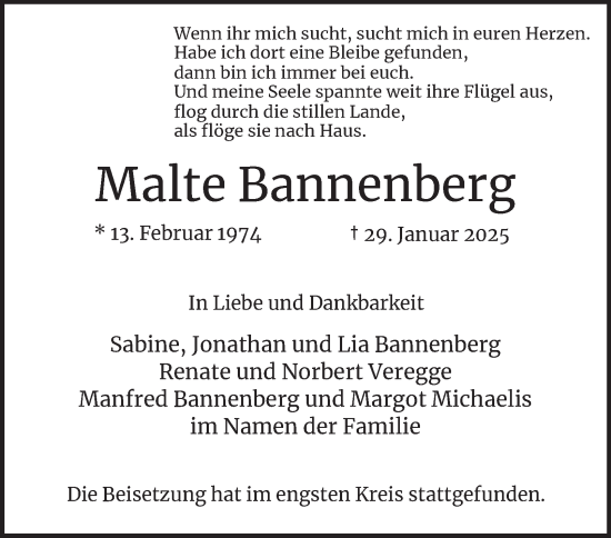 Traueranzeige von Malte Bannenberg von Hamburger Abendblatt