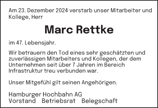 Traueranzeige von Marc Rettke von Hamburger Abendblatt