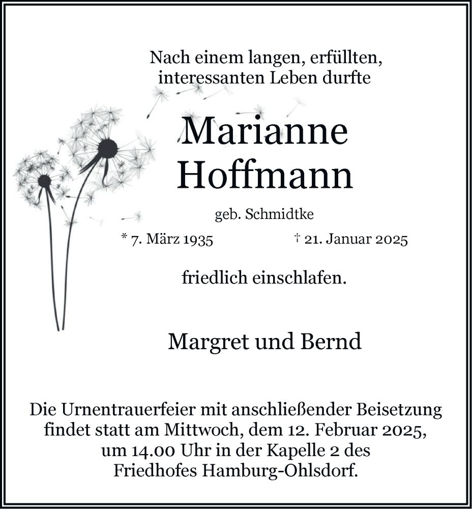  Traueranzeige für Marianne Hoffmann vom 08.02.2025 aus Hamburger Abendblatt