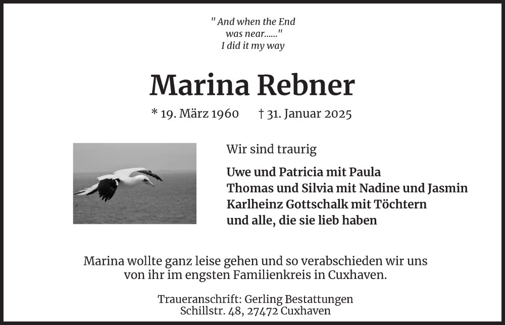  Traueranzeige für Marina Rebner vom 01.03.2025 aus Hamburger Abendblatt