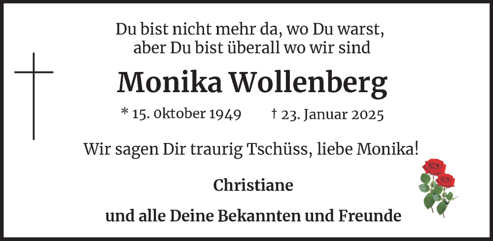  Traueranzeige für Monika Wollenberg vom 15.02.2025 aus 