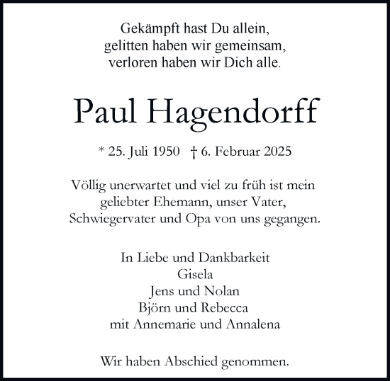 Traueranzeige von Paul Hagendorff von Hamburger Abendblatt