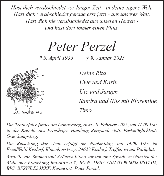 Traueranzeige von Peter Perzel von Hamburger Abendblatt