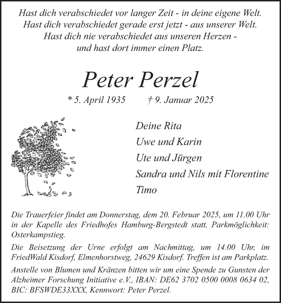  Traueranzeige für Peter Perzel vom 15.02.2025 aus Hamburger Abendblatt