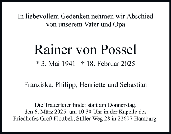 Traueranzeige von Rainer von Possel von Hamburger Abendblatt
