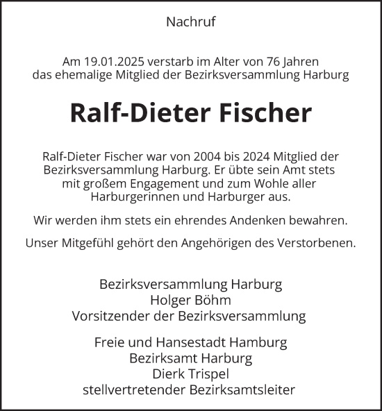 Traueranzeige von Ralf-Dieter Fischer von HA Regio Harburg
