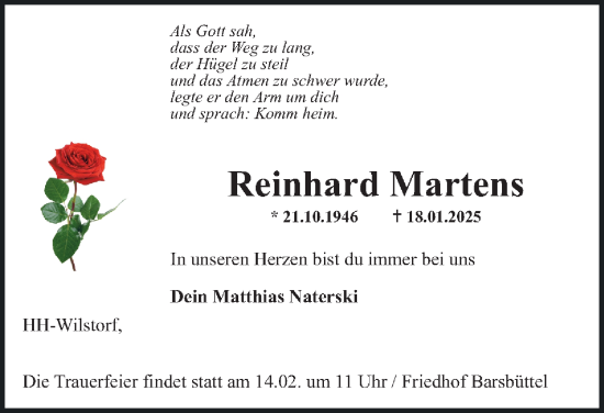 Traueranzeige von Reinhard Martens von HA Regio Harburg