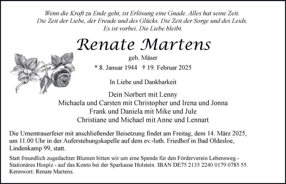 Traueranzeige für Renate Martens vom 01.03.2025 aus Hamburger Abendblatt