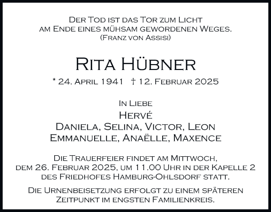 Traueranzeige von Rita Hübner von Hamburger Abendblatt