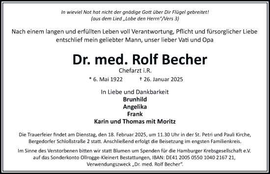 Traueranzeige von Rolf Becher von Hamburger Abendblatt, Bergedorfer Zeitung